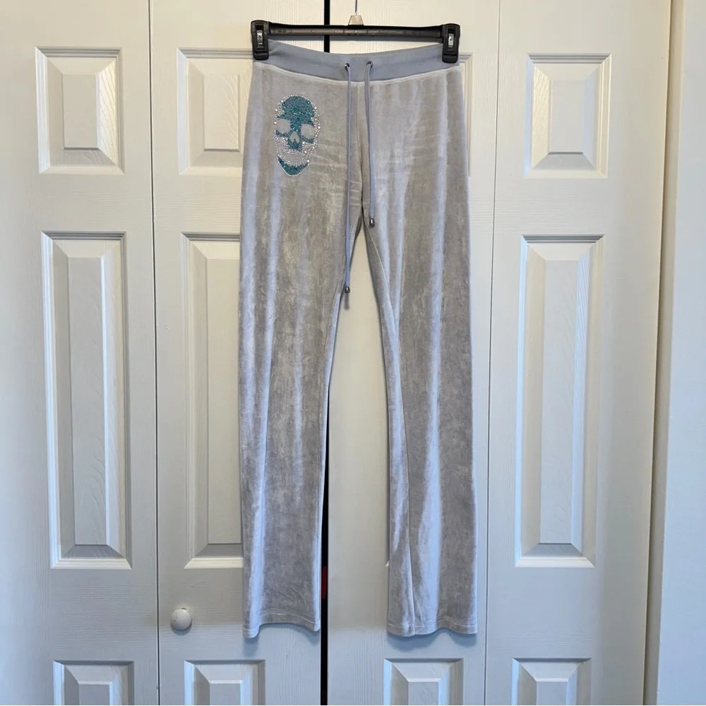 Philipp Plein Gray Velour Pants with Teal Crystal Skull Logo, Size S